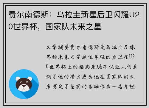 费尔南德斯：乌拉圭新星后卫闪耀U20世界杯，国家队未来之星