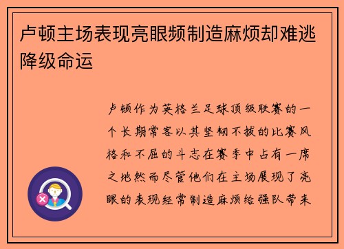 卢顿主场表现亮眼频制造麻烦却难逃降级命运