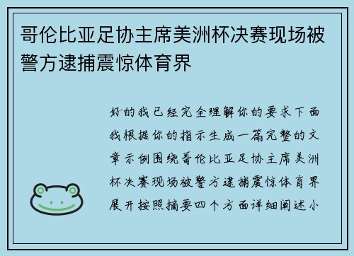 哥伦比亚足协主席美洲杯决赛现场被警方逮捕震惊体育界